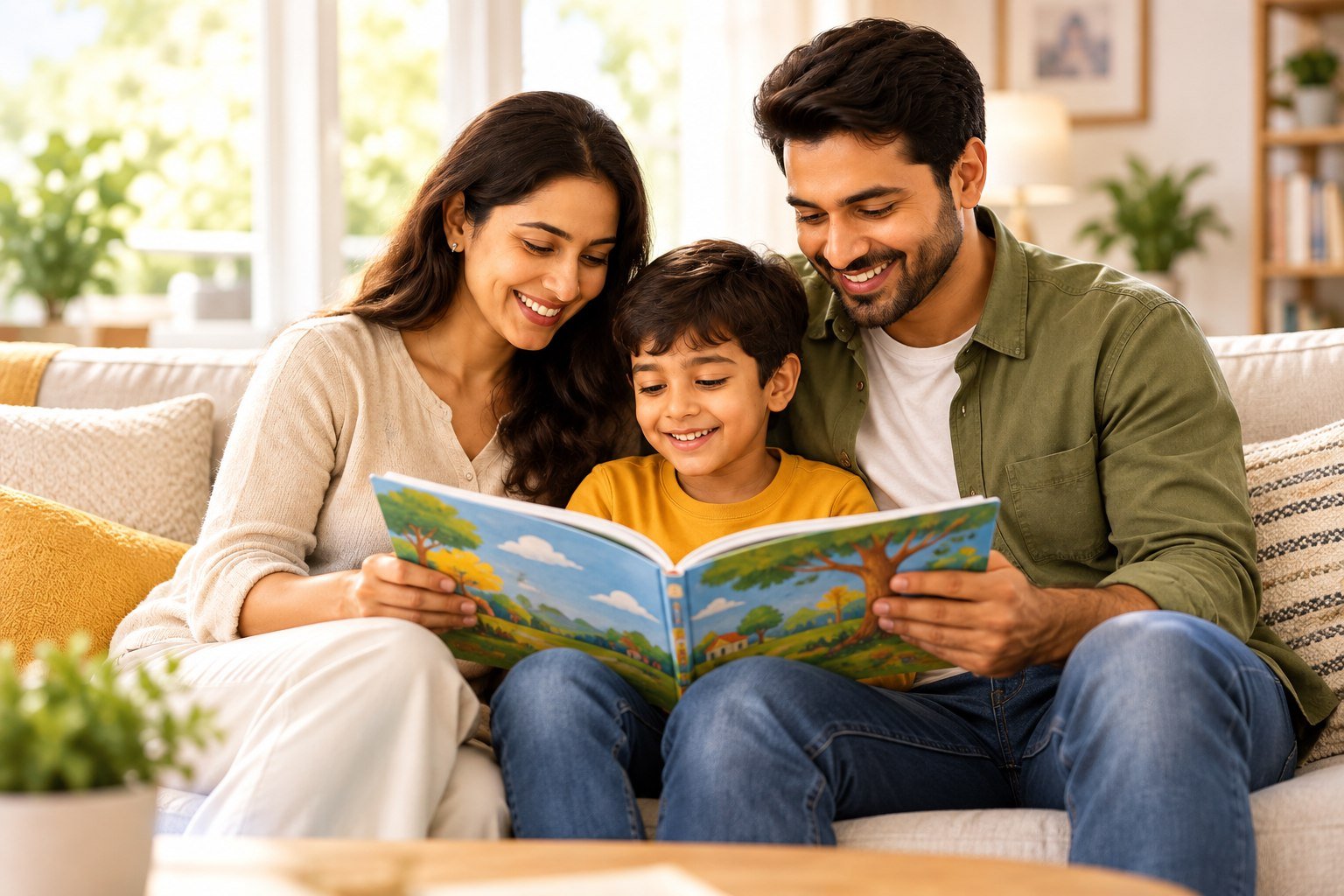 Parents reading a book with their child