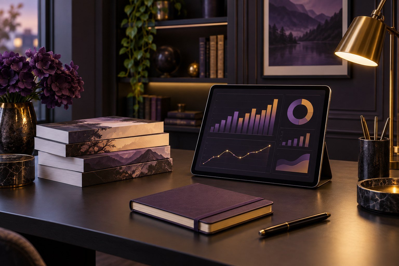 Book proofs beside a tablet with a publishing analytics dashboard